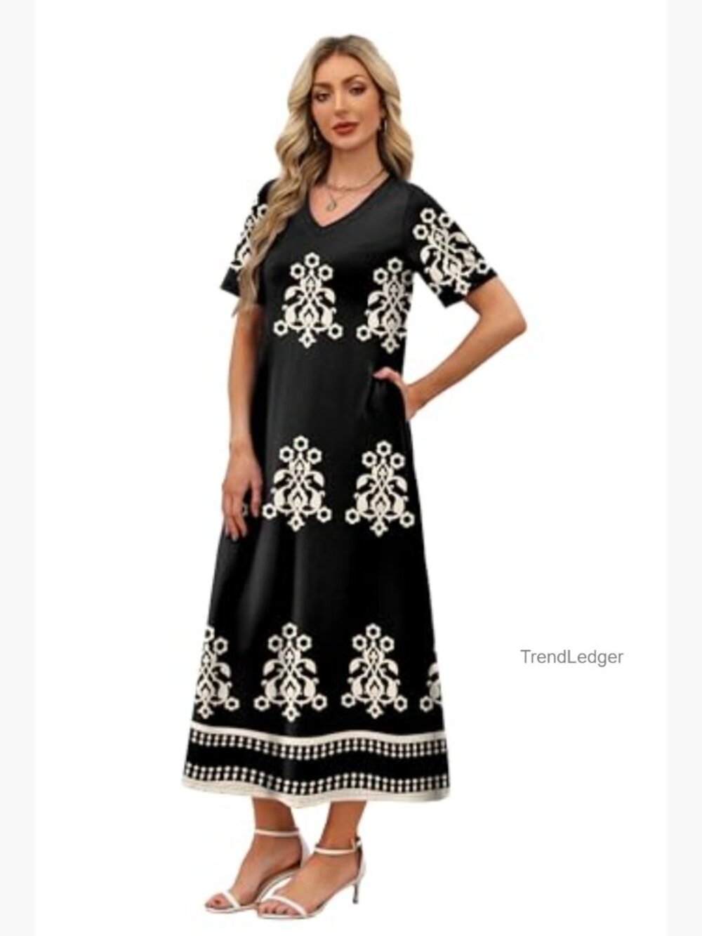 V-Neck Maxi Dress Short Sleeve Flowy Summer Vacation Beach Travel - Picture 4 of 5